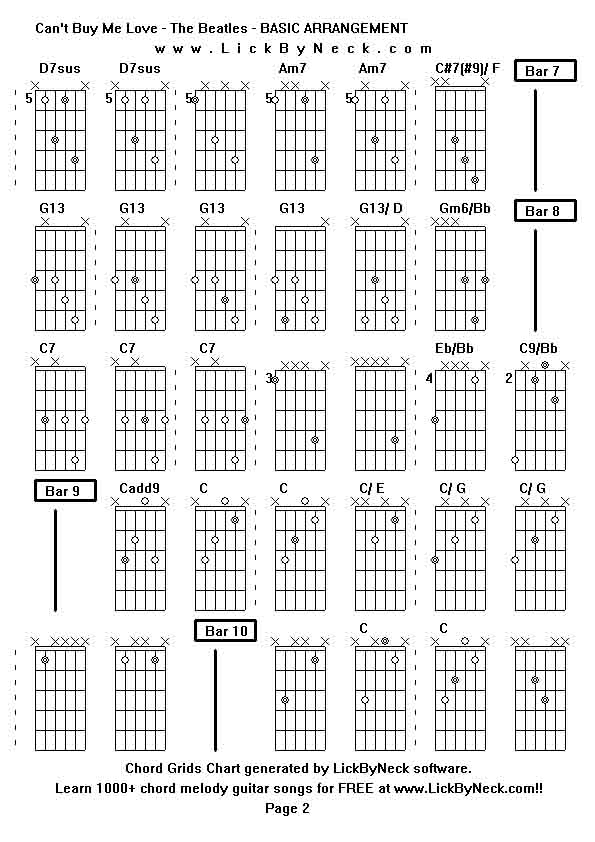 Chord Grids Chart of chord melody fingerstyle guitar song-Can't Buy Me Love - The Beatles - BASIC ARRANGEMENT,generated by LickByNeck software.